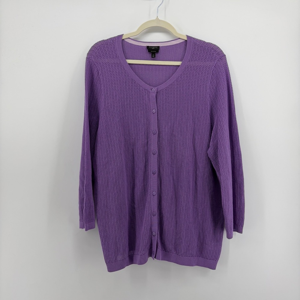 Talbots Womens 2X Purple Cardigan Pima Cotton Pointelle Button Front 3/4 Sleeve